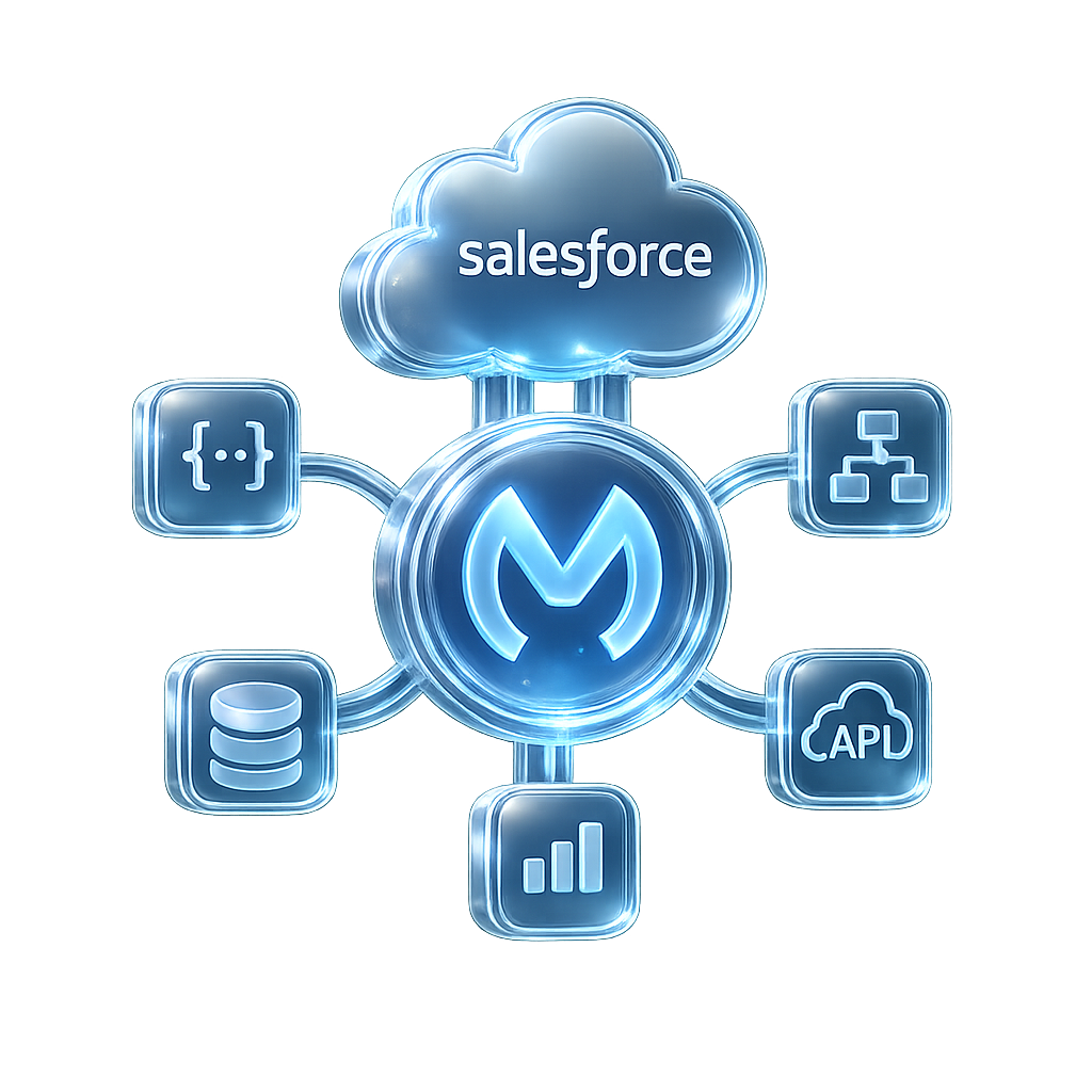 DigitalBuzz illustration showing AI, cloud, Salesforce, data, and integration services connected in a unified enterprise platform.